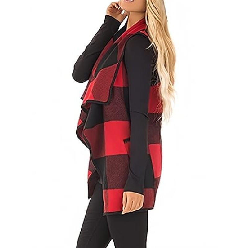 Unidear Womens 버팔로 체크 무늬 조끼 캐주얼 옷깃 오픈 프론트 민소매 카디건 자켓 코트 (포켓 포함)