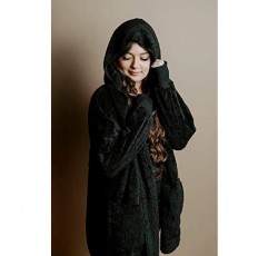 여성용 퍼지 재킷 후드 가디건 오픈 프론트 셰르파 코트 아웃웨어(포켓 포함)