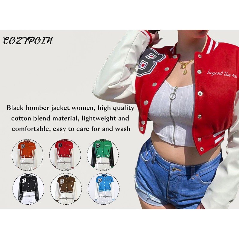COZYPOIN 여성용 자른 대표팀 재킷 프린트 캐주얼 버튼 다운 야구 폭격기 코트 겉옷