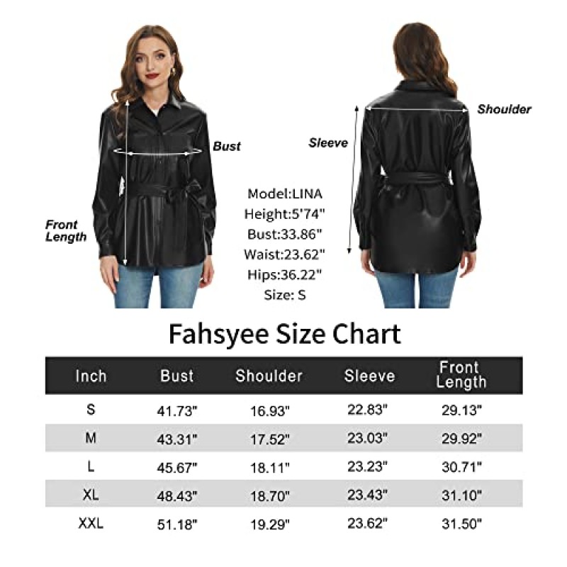 Fahsyee 여성 인조 가죽 샤켓 모토 바이커 셔츠 루즈 피트 블레이저 긴 소매 단추 캐주얼 자켓 플러스 사이즈 S-XXL