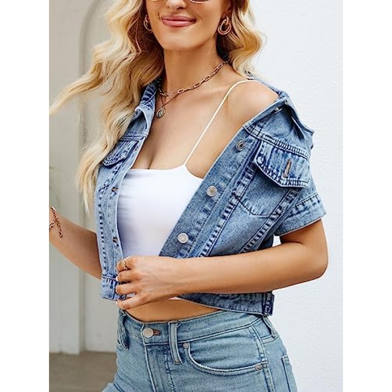 Ladyful Womens Cropped Denim Jacket 반소매 버튼 다운 캐주얼 디스트레스드 진 자켓 겉옷