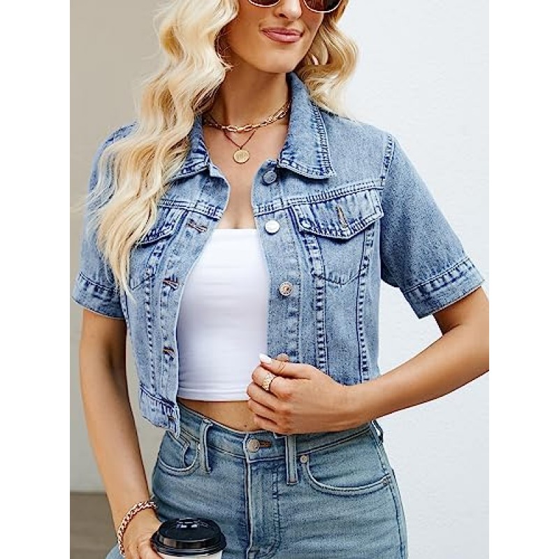 Ladyful Womens Cropped Denim Jacket 반소매 버튼 다운 캐주얼 디스트레스드 진 자켓 겉옷