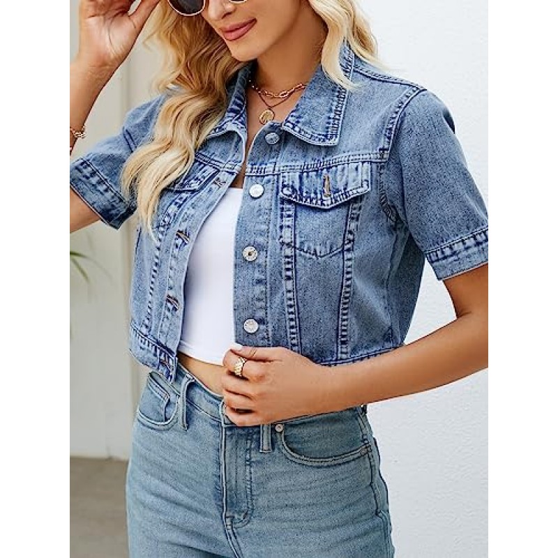 Ladyful Womens Cropped Denim Jacket 반소매 버튼 다운 캐주얼 디스트레스드 진 자켓 겉옷
