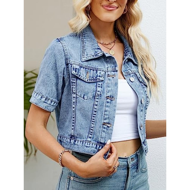 Ladyful Womens Cropped Denim Jacket 반소매 버튼 다운 캐주얼 디스트레스드 진 자켓 겉옷