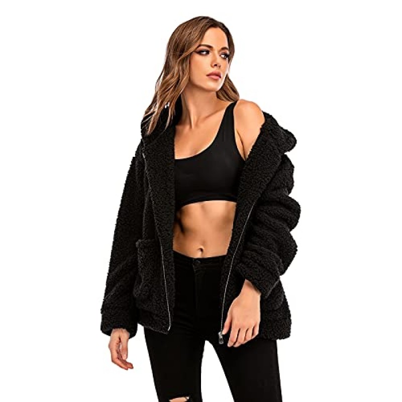 Comeon 여성 캐주얼 코트 옷깃 양털 퍼지 가짜 Shearling 지퍼 후드 따뜻한 겨울 오버 사이즈 자켓