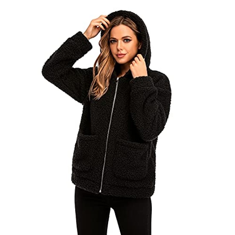 Comeon 여성 캐주얼 코트 옷깃 양털 퍼지 가짜 Shearling 지퍼 후드 따뜻한 겨울 오버 사이즈 자켓