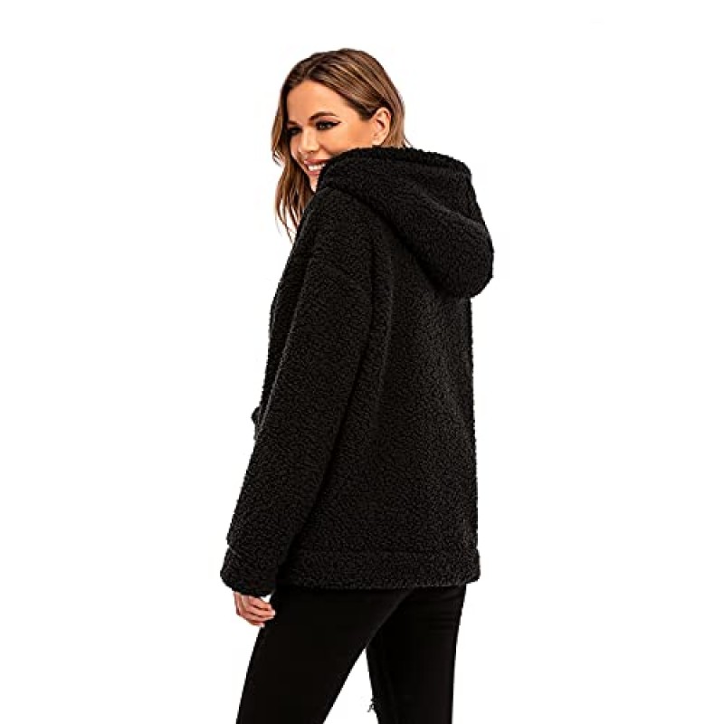 Comeon 여성 캐주얼 코트 옷깃 양털 퍼지 가짜 Shearling 지퍼 후드 따뜻한 겨울 오버 사이즈 자켓