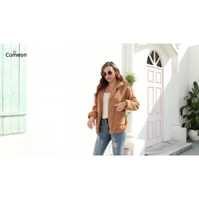 Comeon 여성 캐주얼 코트 옷깃 양털 퍼지 가짜 Shearling 지퍼 후드 따뜻한 겨울 오버 사이즈 자켓