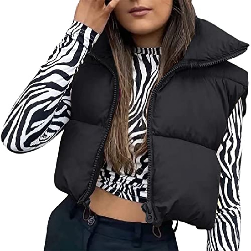 FOMOYUU Womens 경량 자른 퍼퍼 조끼 지퍼 업 스탠드 칼라 민소매 패딩 조끼 자켓 겨울 따뜻한 겉옷