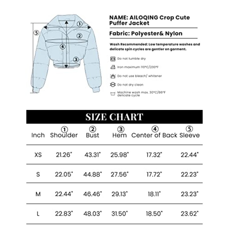 Ailoqing Womens Crop Puffer Jacket 퀼팅 아우터웨어 지퍼 업 패딩 겨울 코트