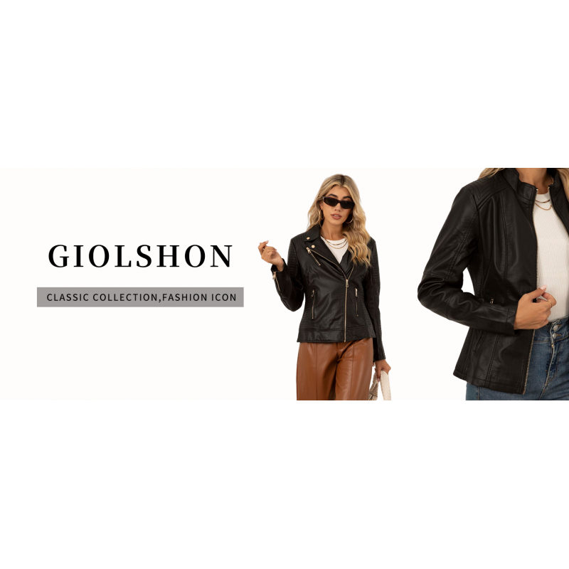 Giolshon 가짜 가죽 짧은 자켓 여성 가을, 겨울 패션 오토바이 바이커 캐주얼 슬림 폭격기 코트