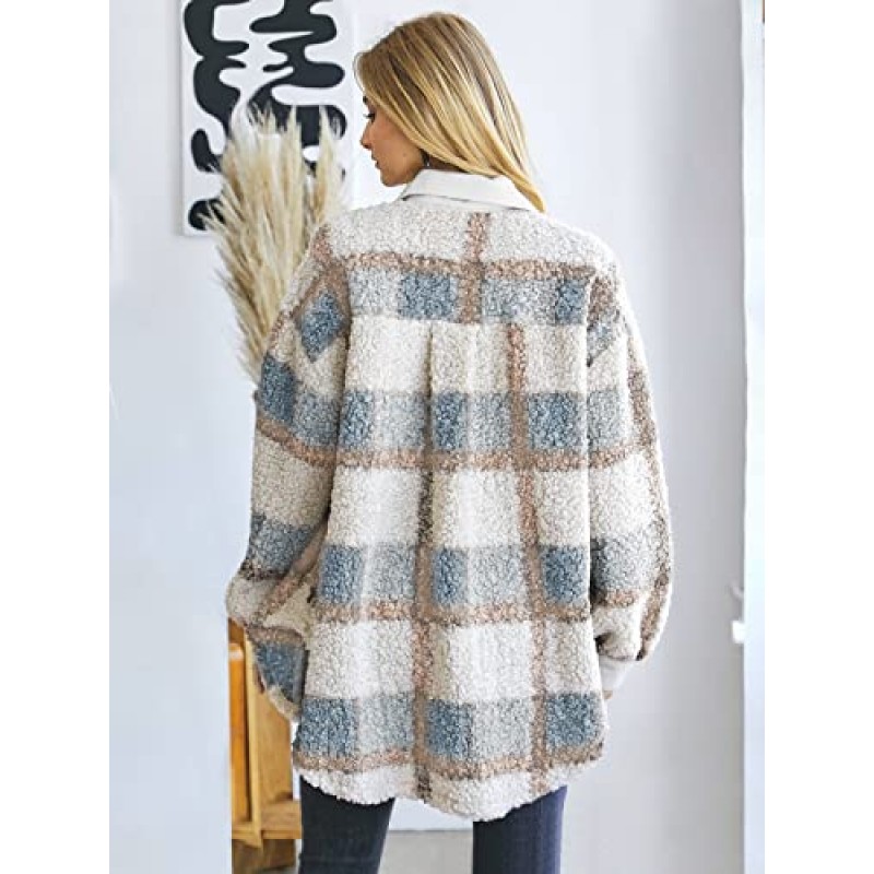 UoDim Womens Sherpa Jacket 퍼지 플리스 자켓 플란넬 체크 무늬 긴 소매 단추 다운 가을 테디 코트 포켓이있는 겉옷