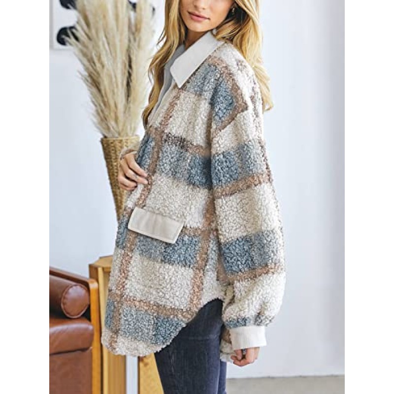 UoDim Womens Sherpa Jacket 퍼지 플리스 자켓 플란넬 체크 무늬 긴 소매 단추 다운 가을 테디 코트 포켓이있는 겉옷