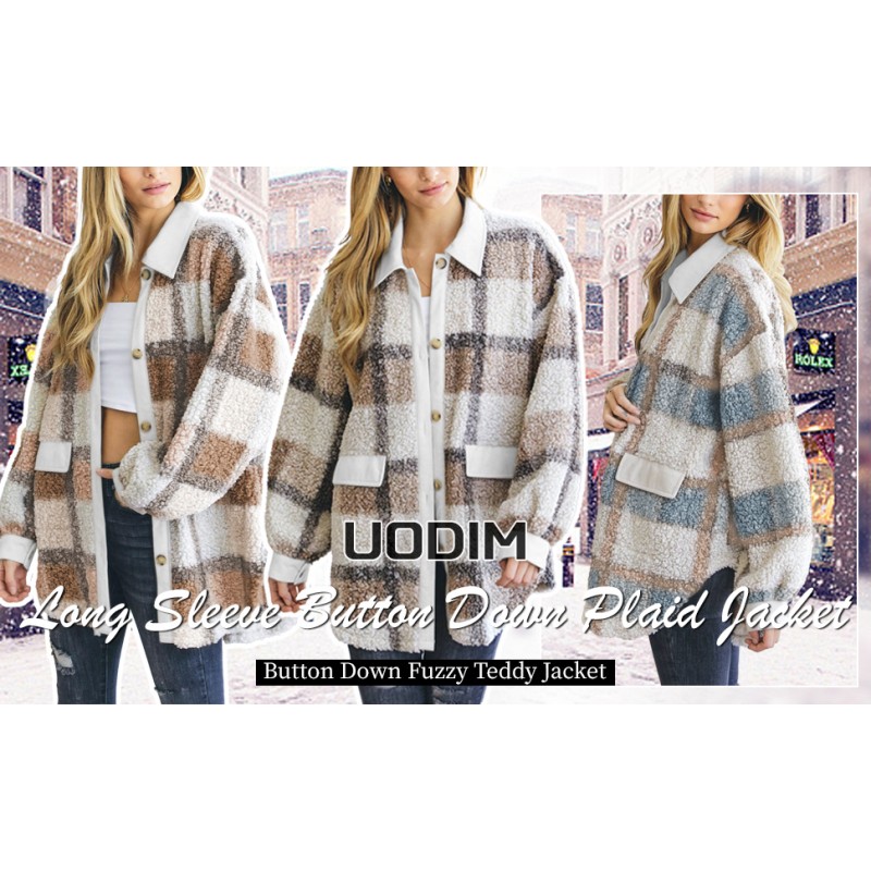 UoDim Womens Sherpa Jacket 퍼지 플리스 자켓 플란넬 체크 무늬 긴 소매 단추 다운 가을 테디 코트 포켓이있는 겉옷