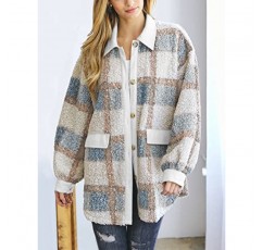 UoDim Womens Sherpa Jacket 퍼지 플리스 자켓 플란넬 체크 무늬 긴 소매 단추 다운 가을 테디 코트 포켓이있는 겉옷