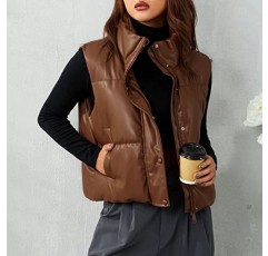Ailoqing Womens Faux Leather Puffer Vest 지퍼 업 민소매 겨울 크롭 재킷