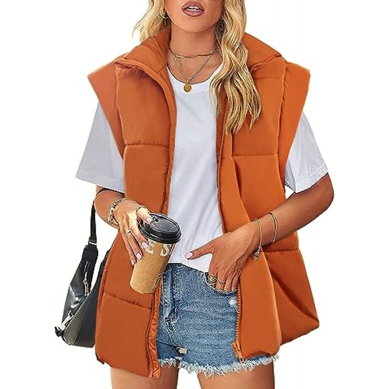Haloumoning Puffer Vest 여성용 스탠드 업 칼라 자켓 캡 슬리브 지퍼 업 포켓이있는 경량 겉옷