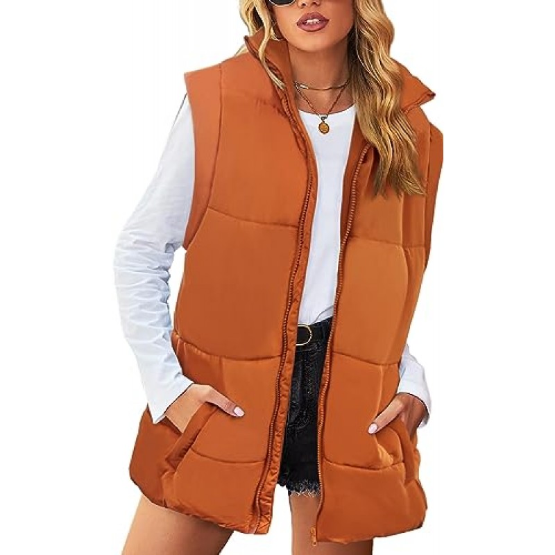 Haloumoning Puffer Vest 여성용 스탠드 업 칼라 자켓 캡 슬리브 지퍼 업 포켓이있는 경량 겉옷