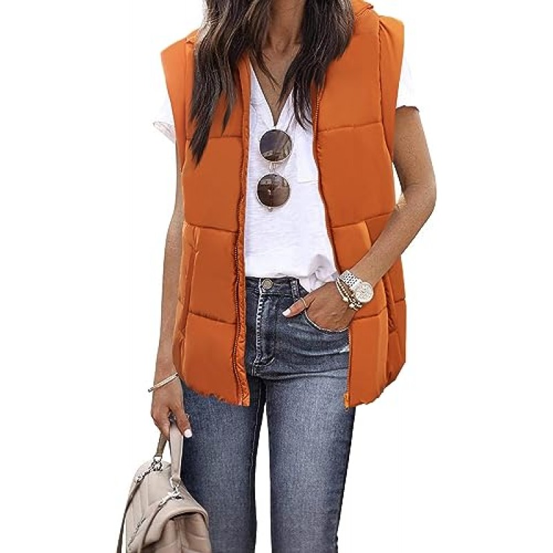 Haloumoning Puffer Vest 여성용 스탠드 업 칼라 자켓 캡 슬리브 지퍼 업 포켓이있는 경량 겉옷