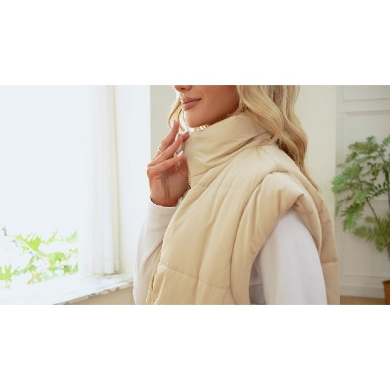 Haloumoning Puffer Vest 여성용 스탠드 업 칼라 자켓 캡 슬리브 지퍼 업 포켓이있는 경량 겉옷