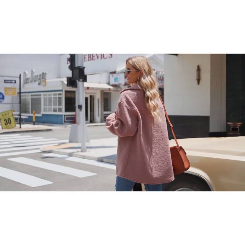 CURBODO 여성용 셰르파 플리스 자켓 코트 캐주얼 퍼지 테디 샤켓 웜 버튼 다운 포켓 포함 아웃웨어