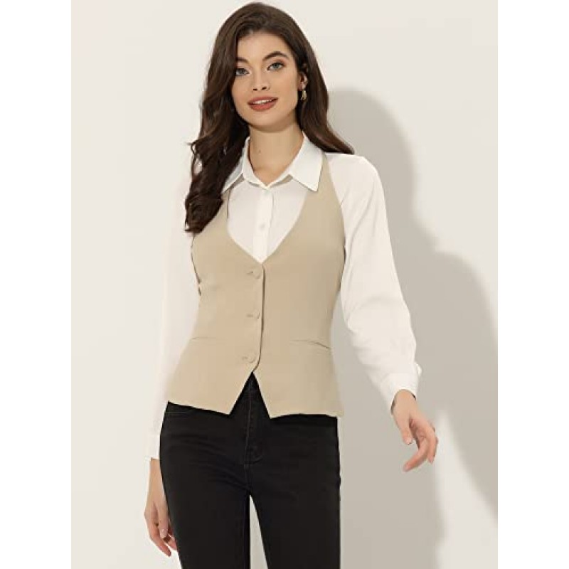 Allegra K 여성용 양복 조끼 홀터넥 넥 빈티지 민소매 버튼 다운 Dressy Suit Vest Jacket