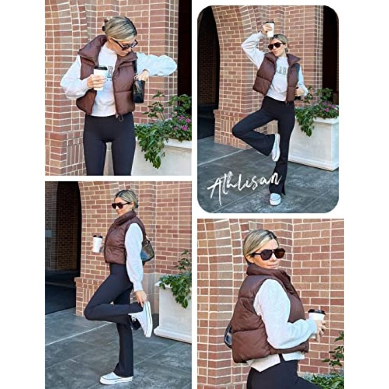 Athlsan Womens Cropped Puffer Vest 지퍼 업 스탠드 칼라 민소매 패딩 크롭 조끼
