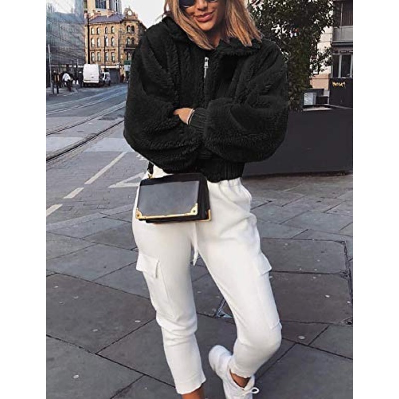 FANCYINN Womens Teddy Cropped Faux Fur Jacket 모피 라펠 코트 지퍼 업 포켓 포함 따뜻한 겨울