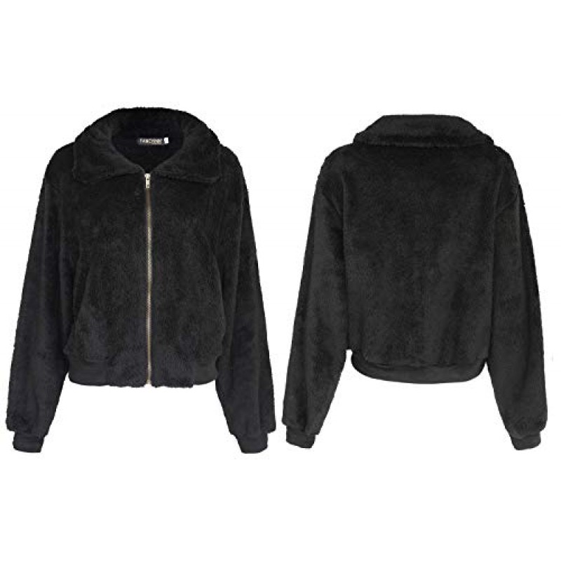 FANCYINN Womens Teddy Cropped Faux Fur Jacket 모피 라펠 코트 지퍼 업 포켓 포함 따뜻한 겨울