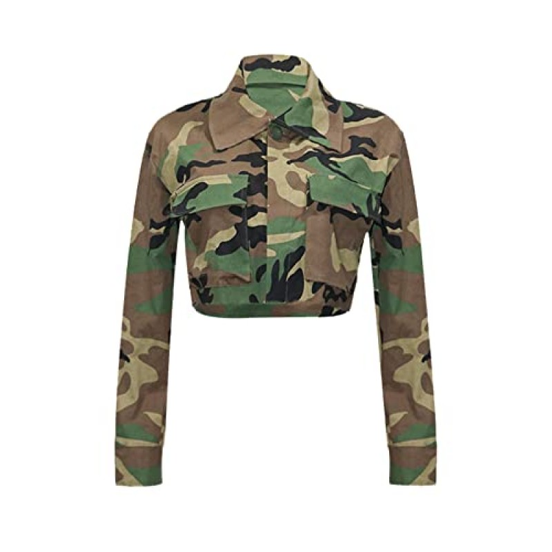 Rxozrxoz Womens Cropped Camouflage Jacket 긴 소매 버튼 다운 카모 코트 겉옷 (포켓 포함)