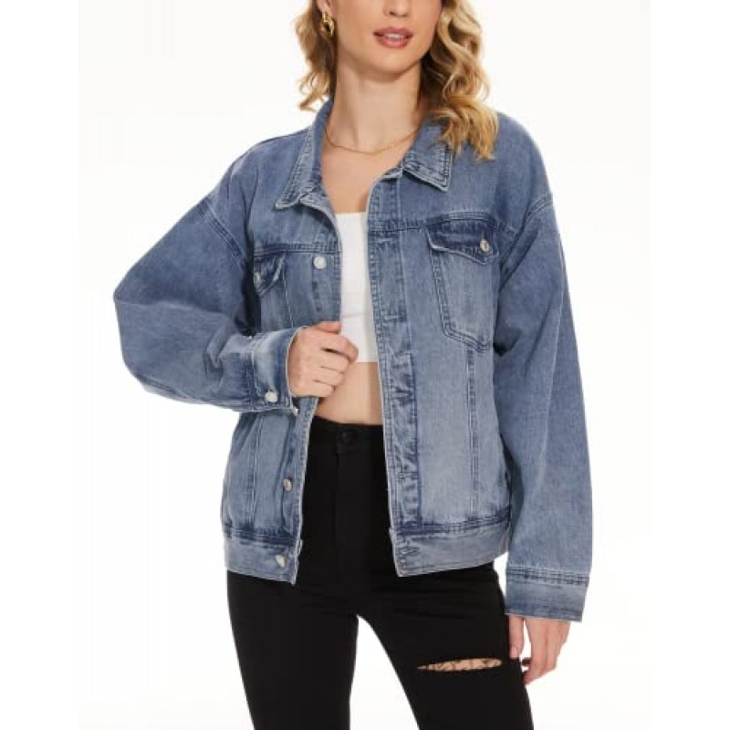 XUWNEI Womens 데님 버튼 다운 재킷 긴 소매 격자 무늬 셔츠 Shacket Jacket 남자 친구 Distresse Jean Coats