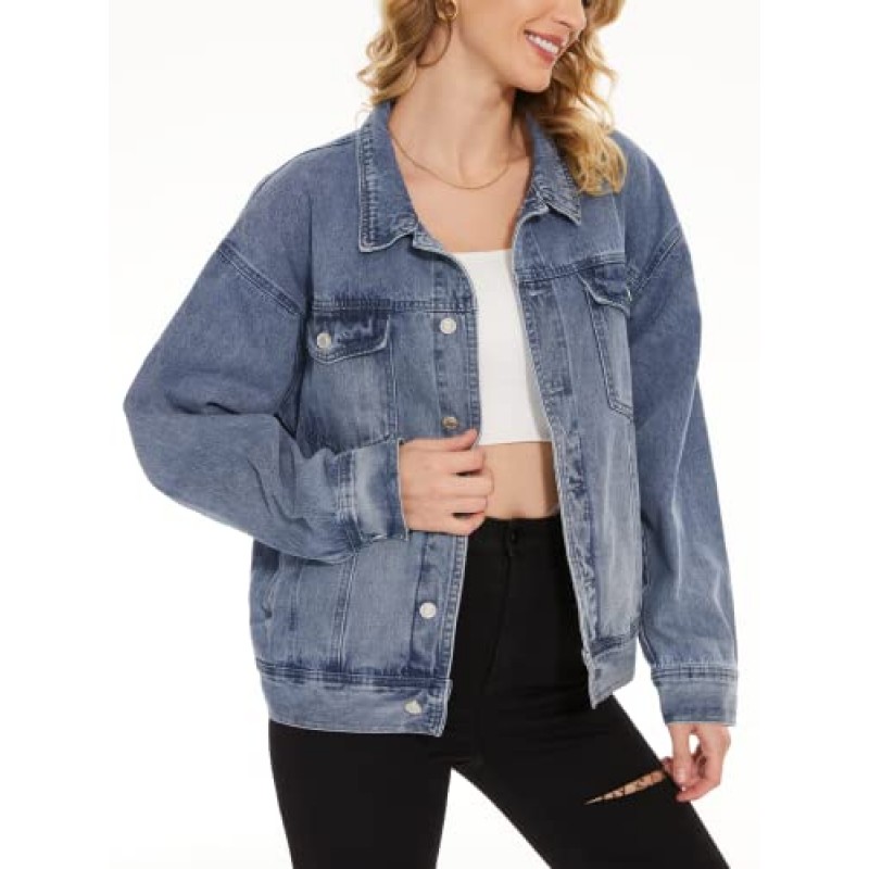 XUWNEI Womens 데님 버튼 다운 재킷 긴 소매 격자 무늬 셔츠 Shacket Jacket 남자 친구 Distresse Jean Coats