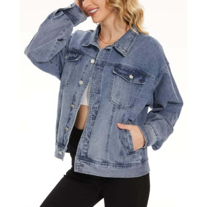 XUWNEI Womens 데님 버튼 다운 재킷 긴 소매 격자 무늬 셔츠 Shacket Jacket 남자 친구 Distresse Jean Coats