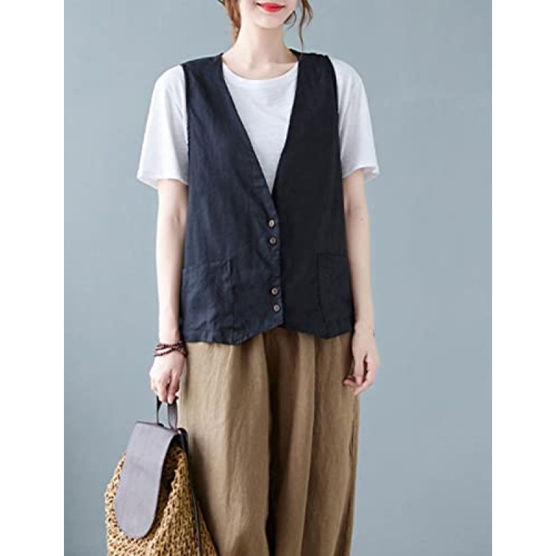 Zontroldy Womens 코튼 린넨 조끼 캐주얼 루즈 V 넥 민소매 조끼 자켓 블레이저 조끼 (포켓 포함)
