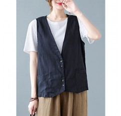 Zontroldy Womens 코튼 린넨 조끼 캐주얼 루즈 V 넥 민소매 조끼 자켓 블레이저 조끼 (포켓 포함)