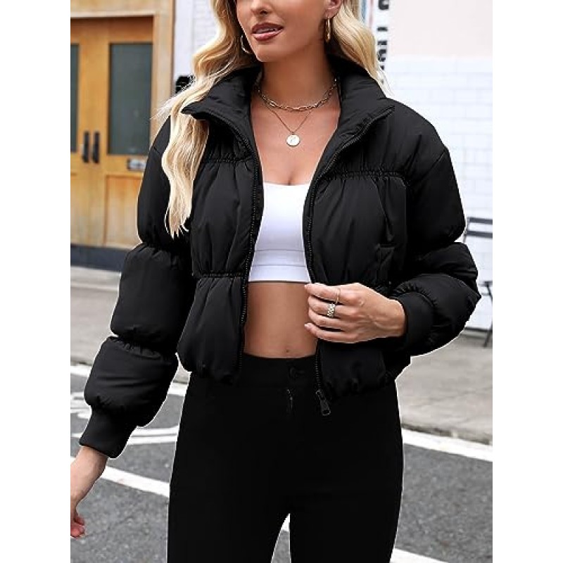 Fisoew Womens Crop Puffer Jackets 지퍼 업 긴 소매 패딩 코트 겨울 따뜻한 겉옷