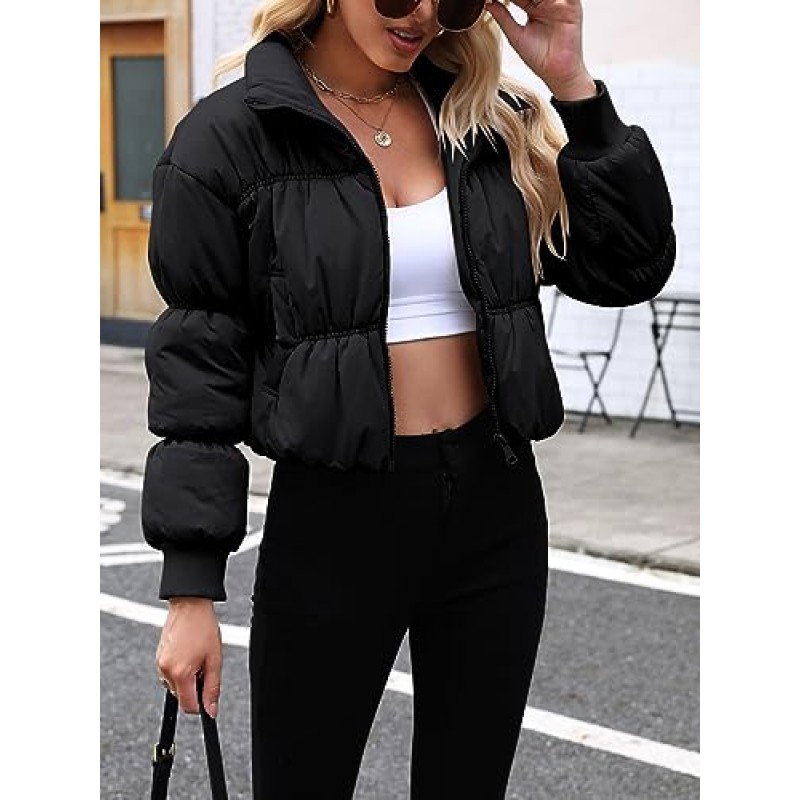 Fisoew Womens Crop Puffer Jackets 지퍼 업 긴 소매 패딩 코트 겨울 따뜻한 겉옷