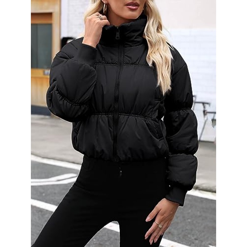 Fisoew Womens Crop Puffer Jackets 지퍼 업 긴 소매 패딩 코트 겨울 따뜻한 겉옷