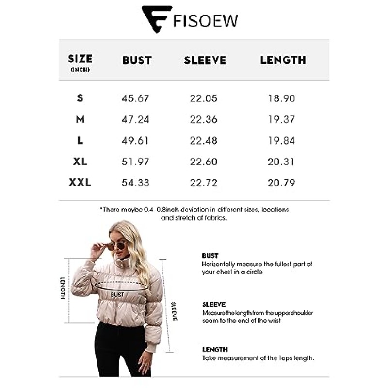 Fisoew Womens Crop Puffer Jackets 지퍼 업 긴 소매 패딩 코트 겨울 따뜻한 겉옷