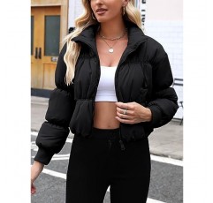Fisoew Womens Crop Puffer Jackets 지퍼 업 긴 소매 패딩 코트 겨울 따뜻한 겉옷