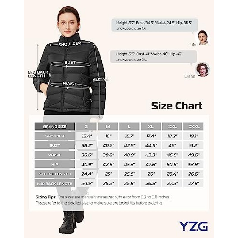 YZG 여성용 패커블 퍼퍼 다운 재킷 스탠드 칼라 퀼팅 라이트 가을 코트(후드 포함)
