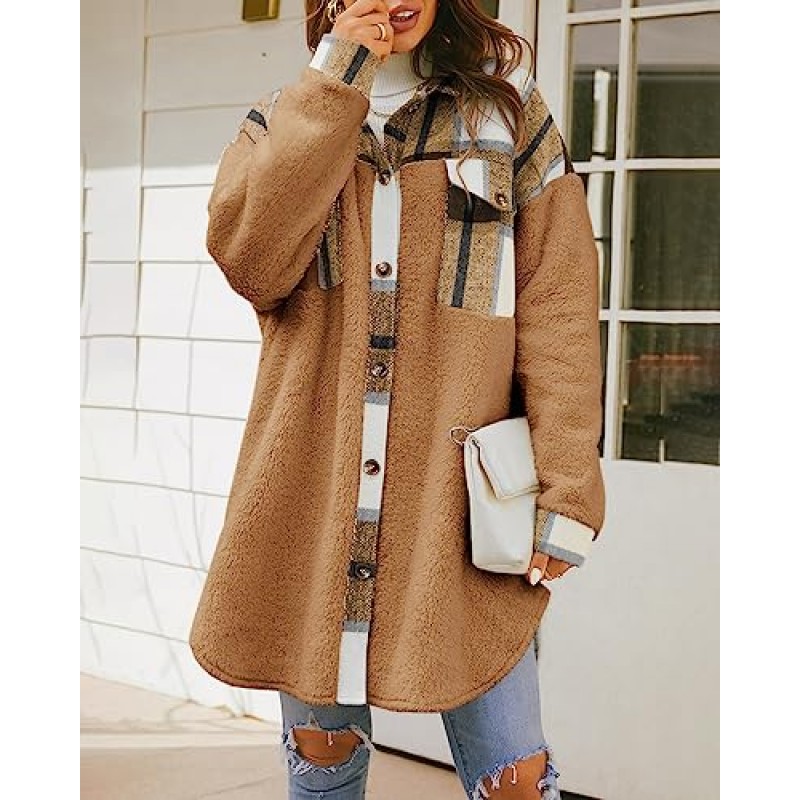 FSHAOES Womens 2023 겨울 코트 퍼지 플리스 롱 자켓 체크 무늬 샤켓 버튼 다운 셔츠 경량 아웃웨어 카디건
