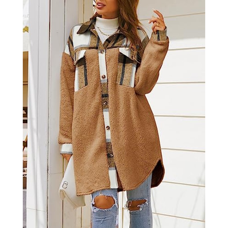 FSHAOES Womens 2023 겨울 코트 퍼지 플리스 롱 자켓 체크 무늬 샤켓 버튼 다운 셔츠 경량 아웃웨어 카디건