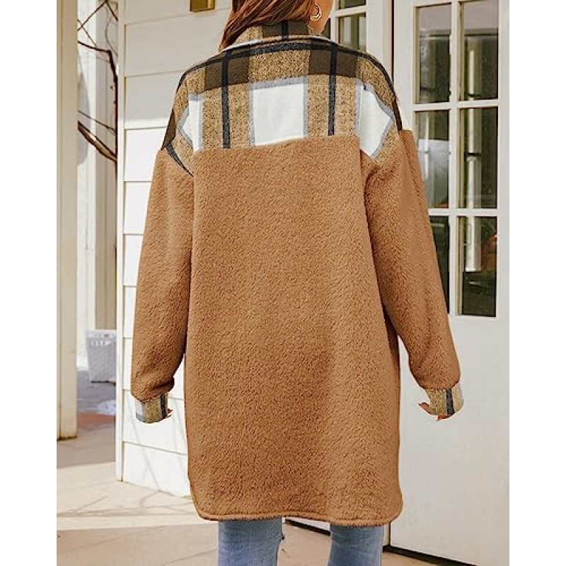 FSHAOES Womens 2023 겨울 코트 퍼지 플리스 롱 자켓 체크 무늬 샤켓 버튼 다운 셔츠 경량 아웃웨어 카디건