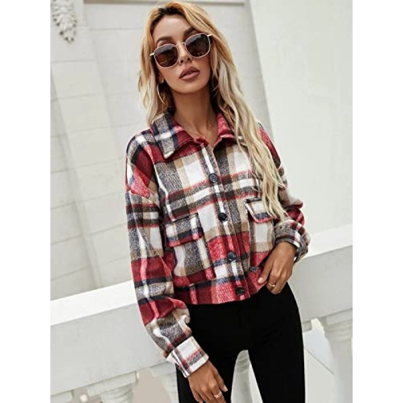 AMEBELLE Womens 가을 플란넬 크롭 체크 무늬 샤켓 자켓 긴 소매 포켓 버튼 다운 셔츠 자켓 코트