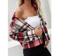 AMEBELLE Womens 가을 플란넬 크롭 체크 무늬 샤켓 자켓 긴 소매 포켓 버튼 다운 셔츠 자켓 코트