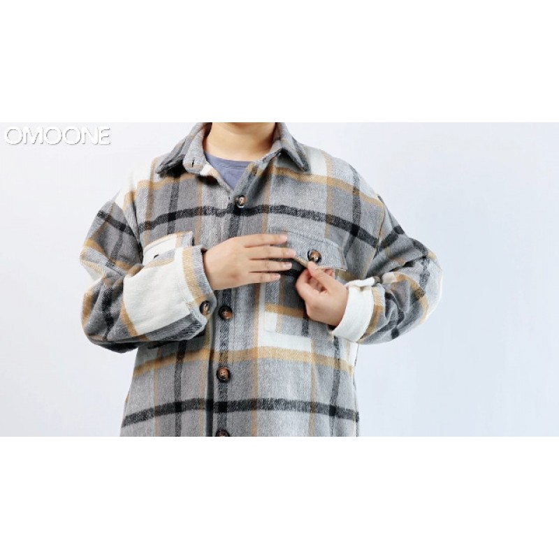 Omoone 여성용 클래식 모직 버튼 다운 체크 무늬 롱 코트 타탄 샤켓 재킷(포켓 포함)