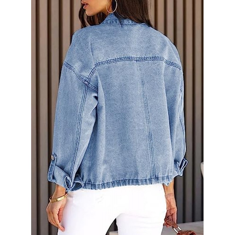 Dokotoo Jean Jackets 여성용 자른 자켓 2023 패션 캐주얼 데님 자켓 포켓이있는 긴 소매 버튼 다운 코트
