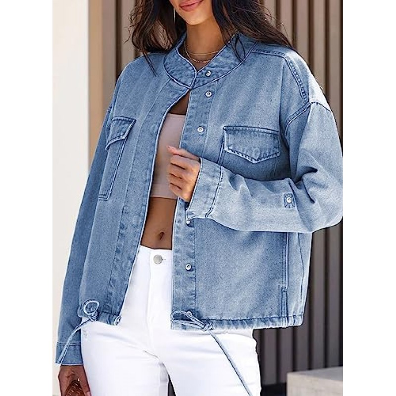Dokotoo Jean Jackets 여성용 자른 자켓 2023 패션 캐주얼 데님 자켓 포켓이있는 긴 소매 버튼 다운 코트