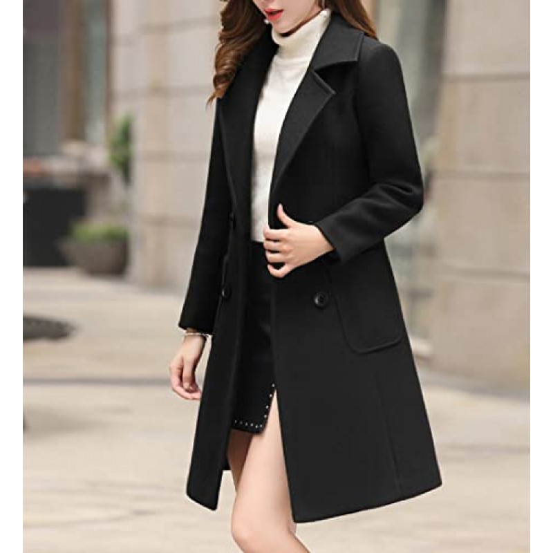 TONCHENGSD 여성용 노치 칼라 더블 브레스트 울 혼방 완두콩 코트 겉옷